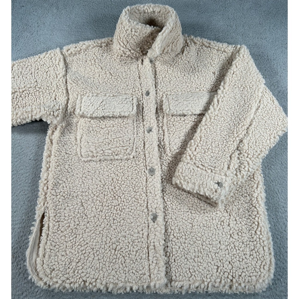 H&M Shirt Jacket Women's Small Beige Teddy Shacket Shearling Cozy Oversized